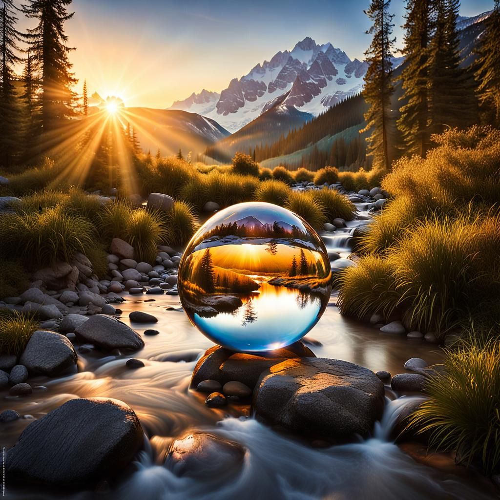Mystical Orb Sunrise Over Mountain Landscape