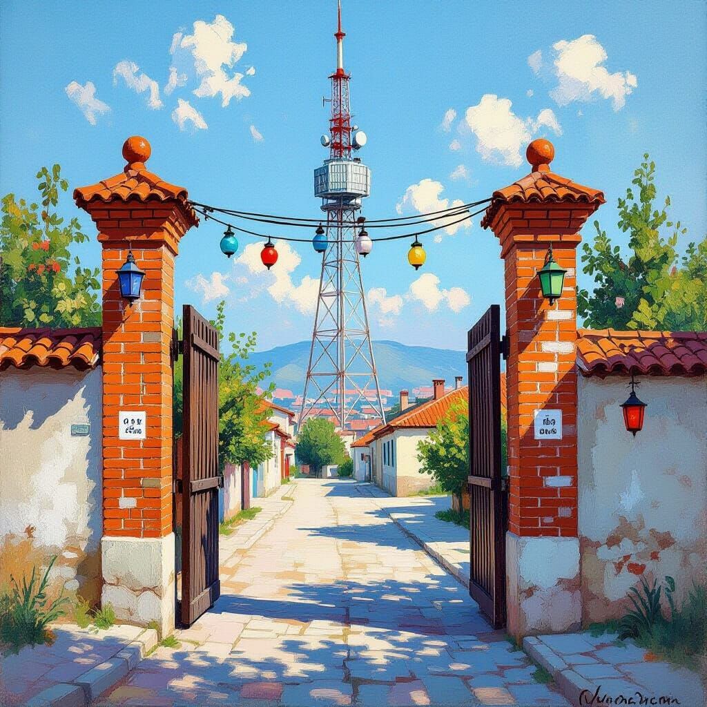 1960s Sarajevo Gate with Radio Tower, Impressionistic Style