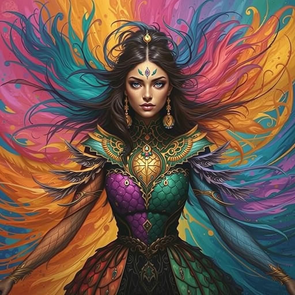 Dragon Peacock Woman in Abstract Fauvism Style