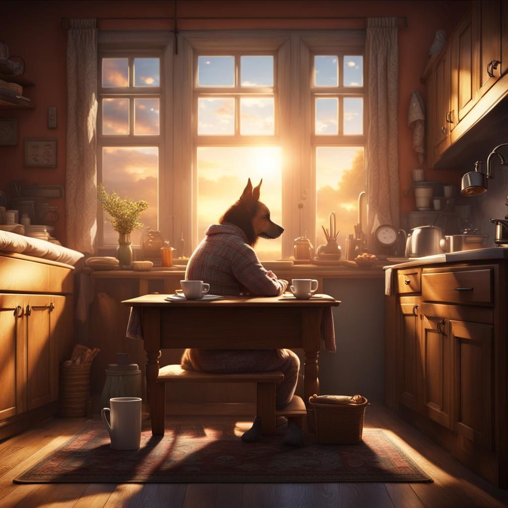 Man in Pajamas Drinking Coffee: Matte Painting