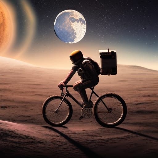 Astronaut on Bicycle Near Moon Base: Digital Art