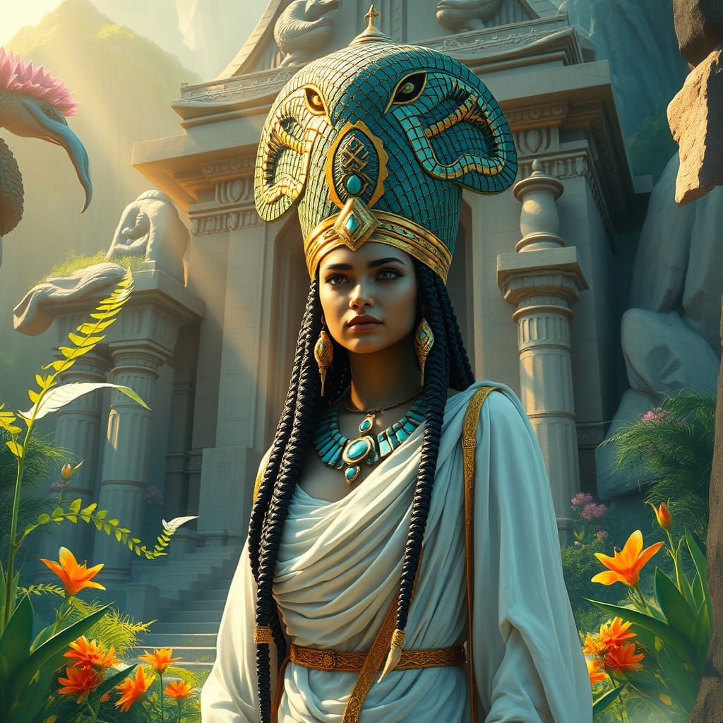 Ancient High Priestess in Iridescent Headdress, Snake Goddes...