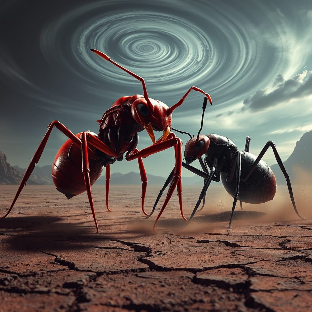 Giant Ants Battle in Neon Cyberpunk Cityscape