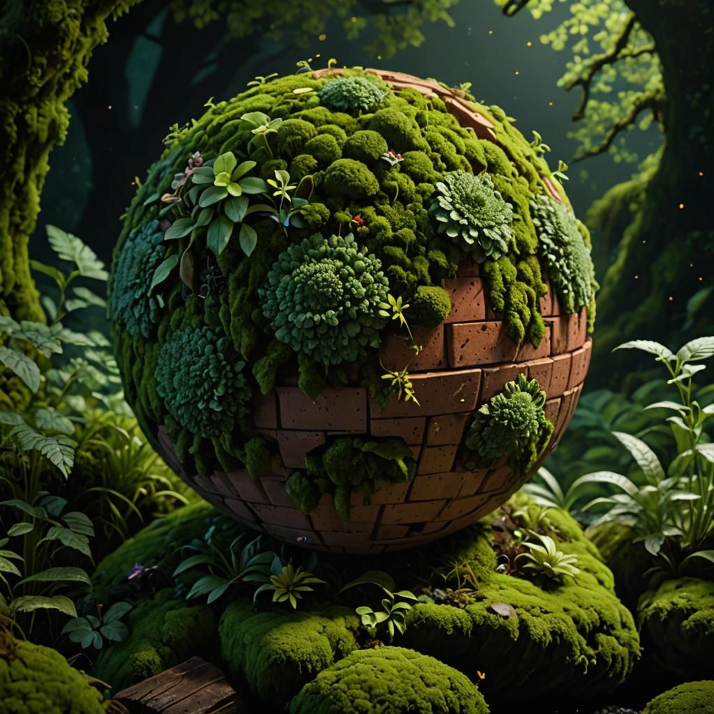 Mossy Brick Sphere with Fireflies in Magical Garden