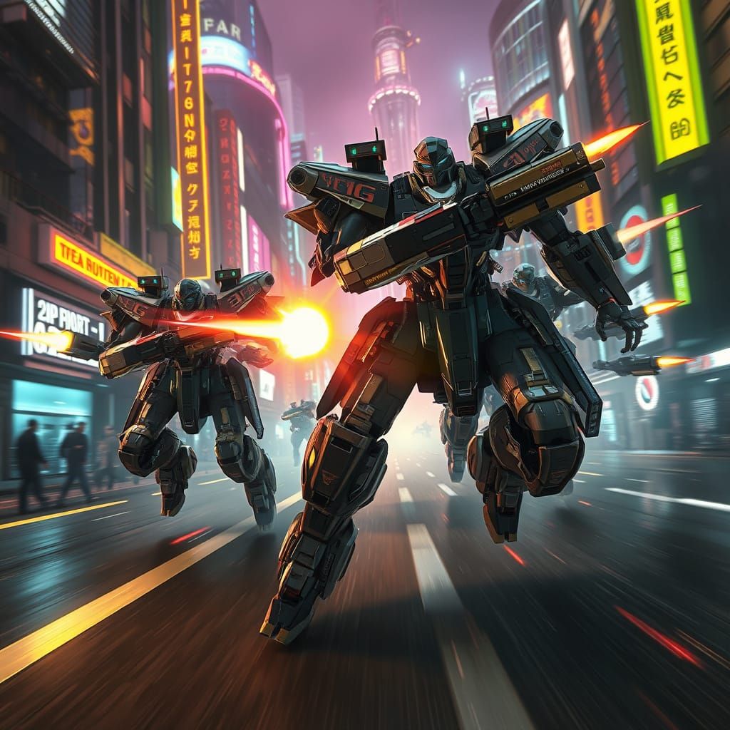 Cyberpunk Mechs Racing in Production I.G. Style
