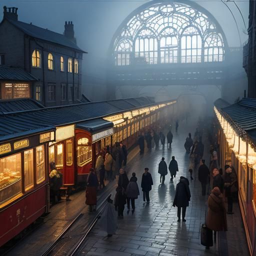 Vintage Train at Station in Silver Moonlight