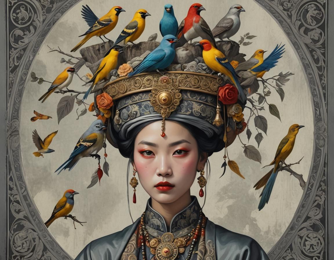 Stunning Stylized Portrait of a Woman with a Bird on Her Hea...