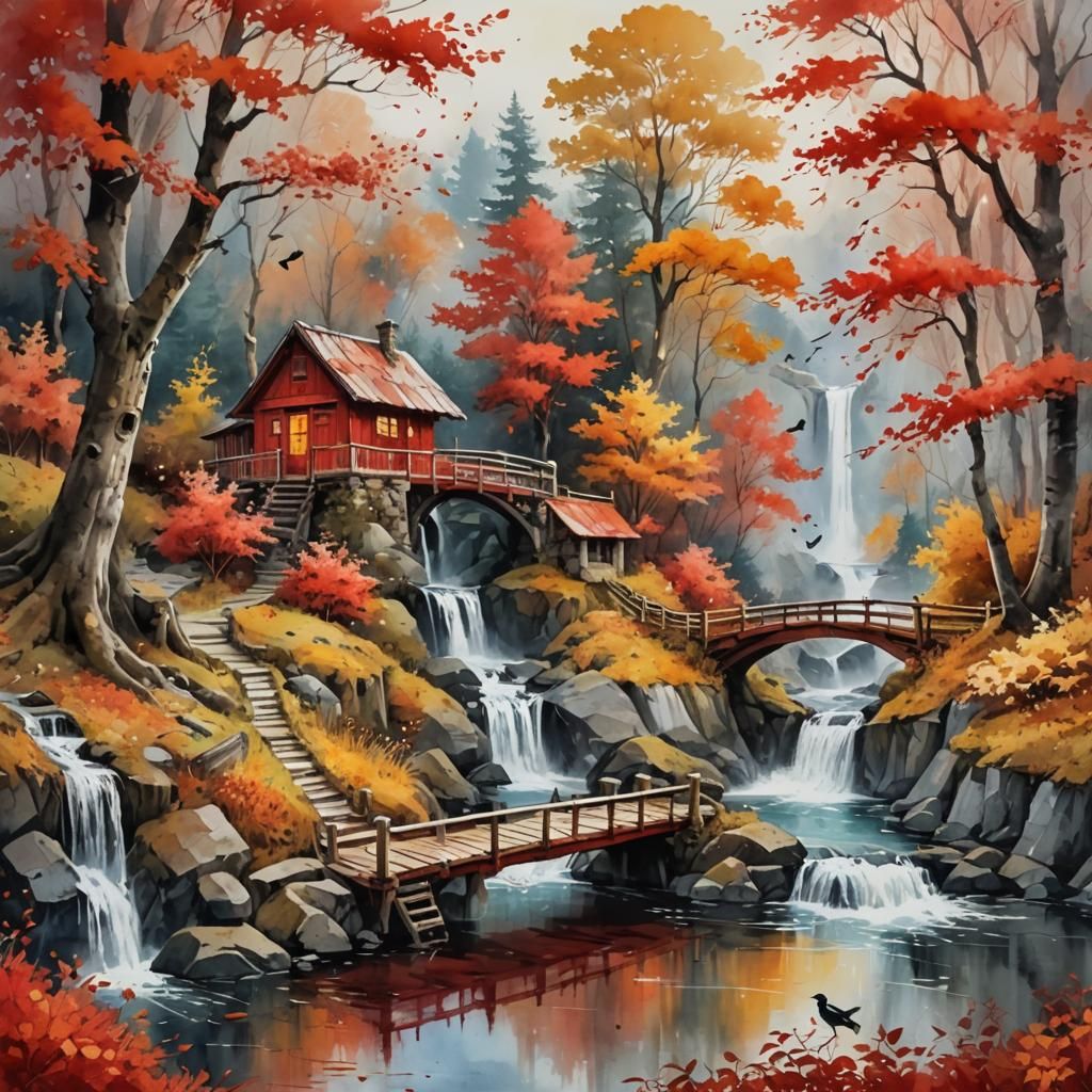 Fantasy Autumnal Scene with Red Waterfall in Watercolor Styl...