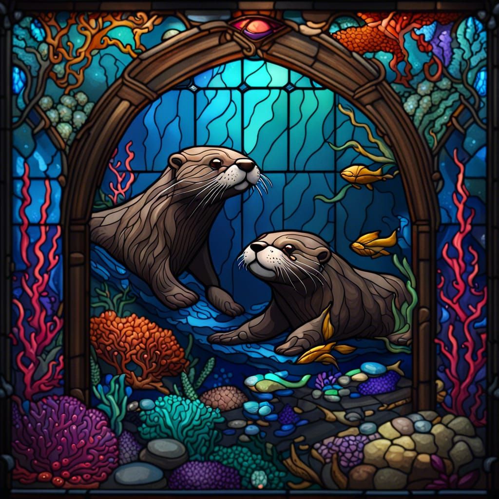 Stained Glass Otters in Coral Reef
