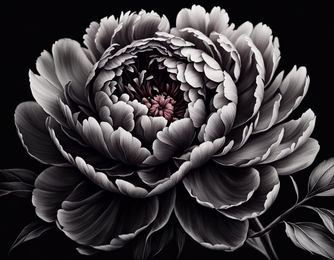 Silver-Edged Peony in Hyperdetailed Charcoal Drawing