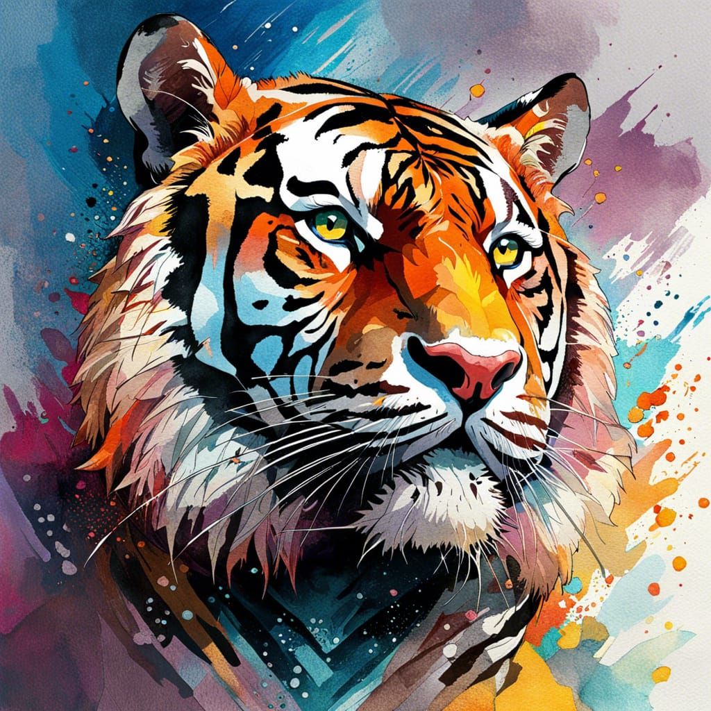 Hyperrealistic Tiger Portrait in Watercolor Style