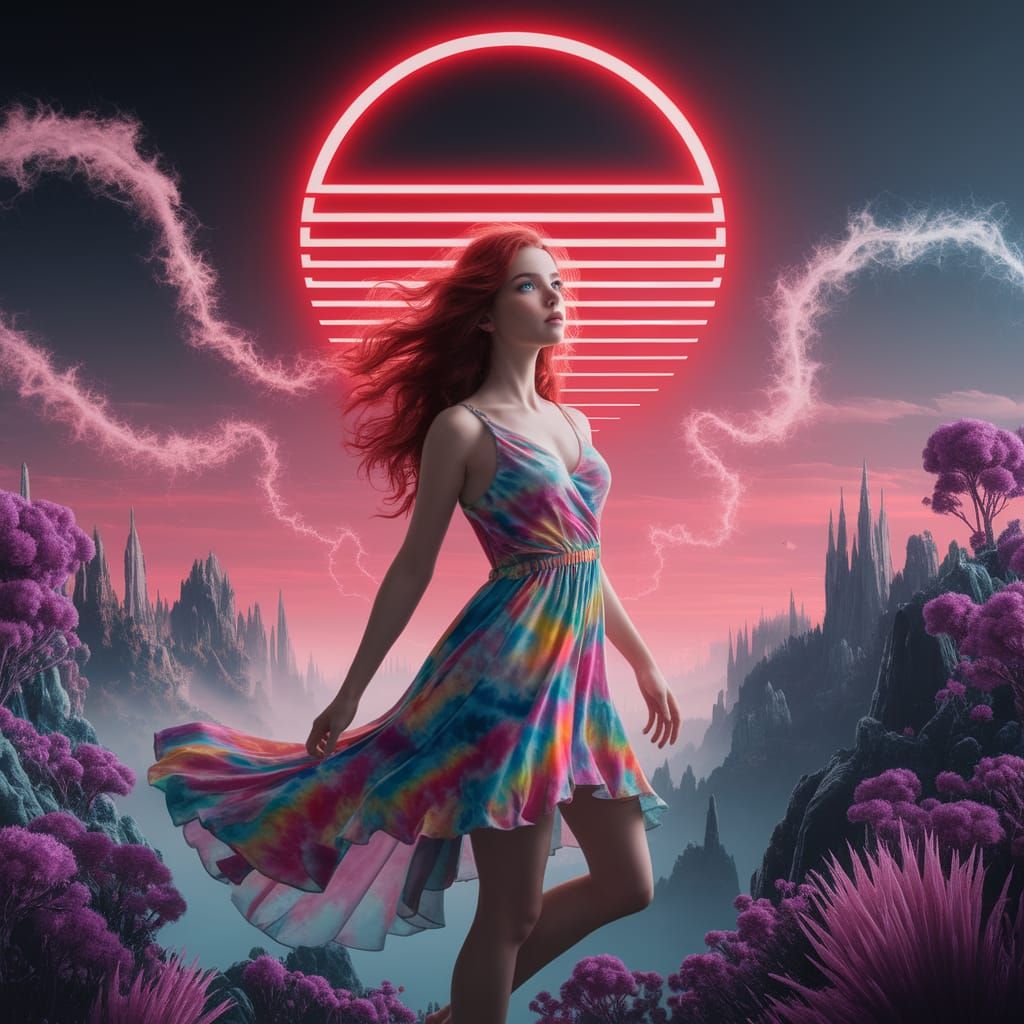 Woman in Tie-Dye Dress Gazing at Red Sun