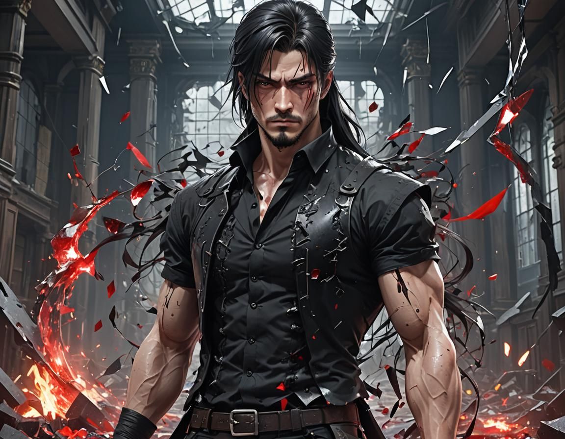 Dark Fantasy Anime Man in Hall of Broken Glass