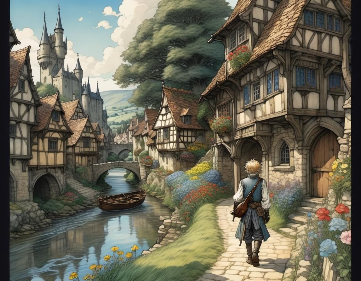 Anime Bard in Medieval Village, Rackham Style