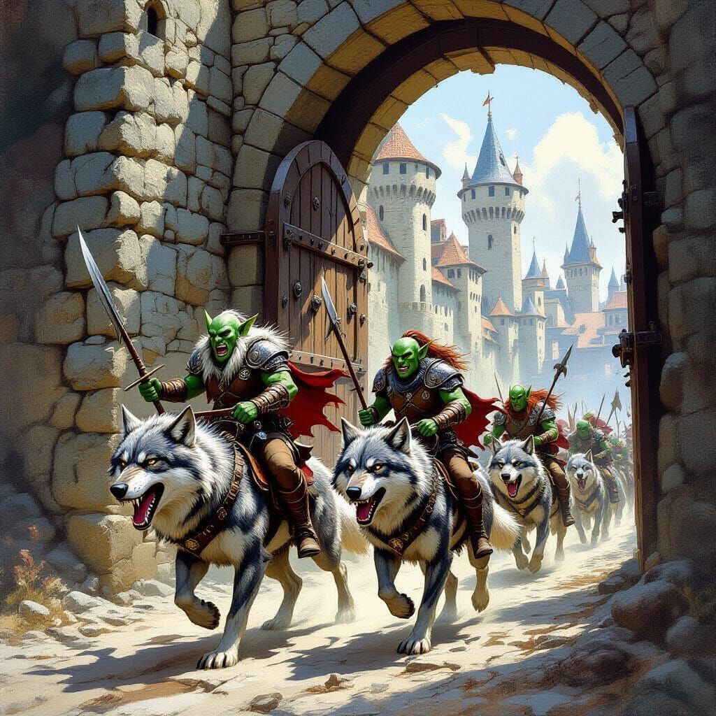 Goblins Ride Wolves Through Medieval City Gate