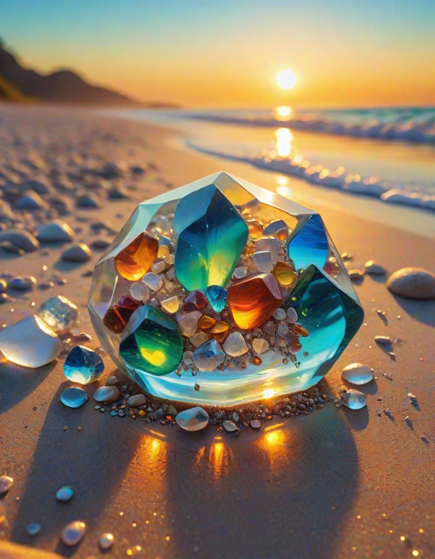 Iridescent Crystal Glass on Beach: Surreal Macro