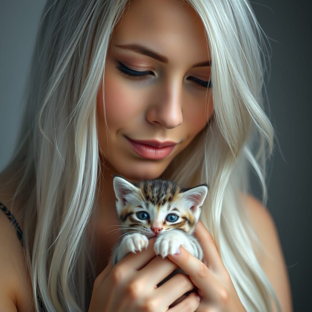 Ethereal Silver-Haired Woman Holding Kitten