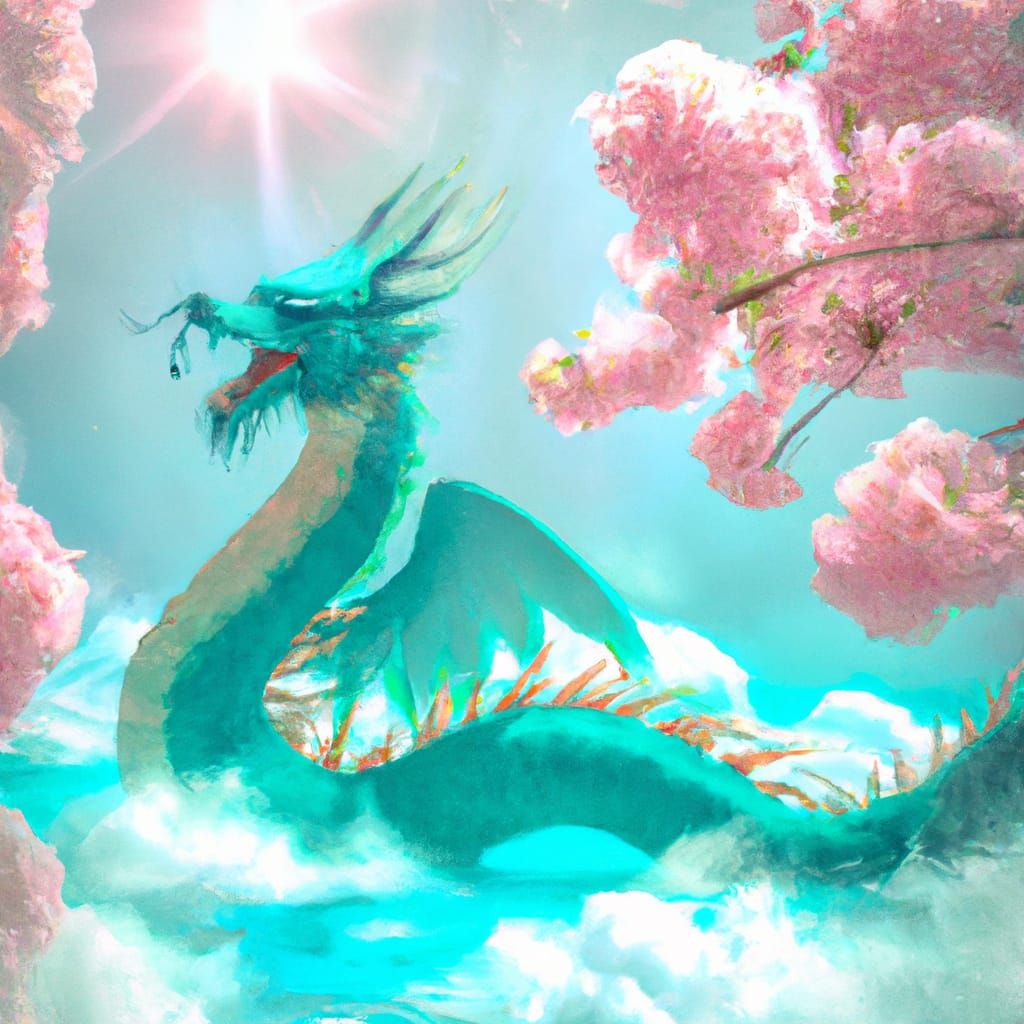 Jade Dragon in Cherry Blossom Pond Watercolor