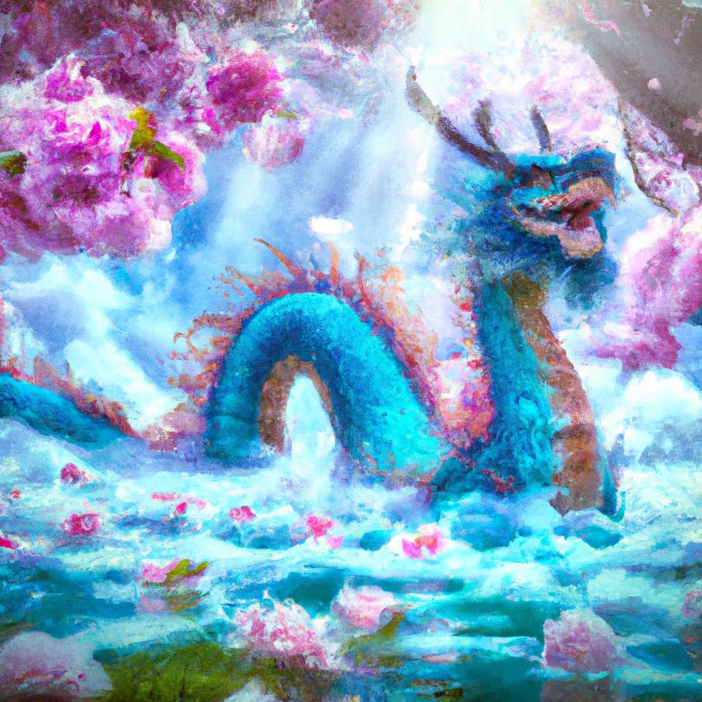 Jade Dragon in Cherry Blossom Pond: Watercolor Art