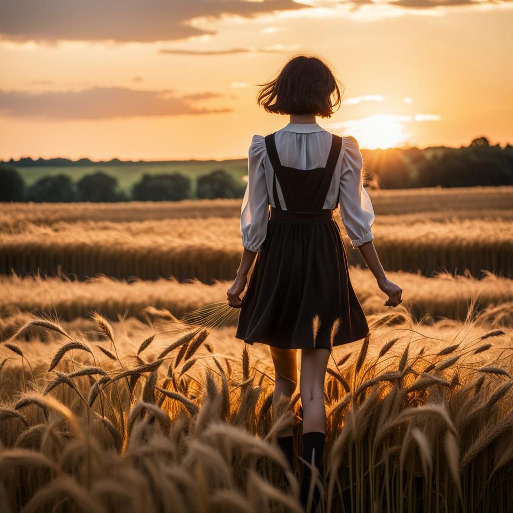 Golden Silhouette: Women in Barley Field at Sunset