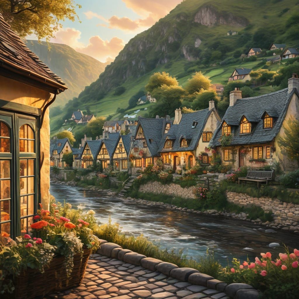Charming Village in Valley, Watercolor Storybook Art