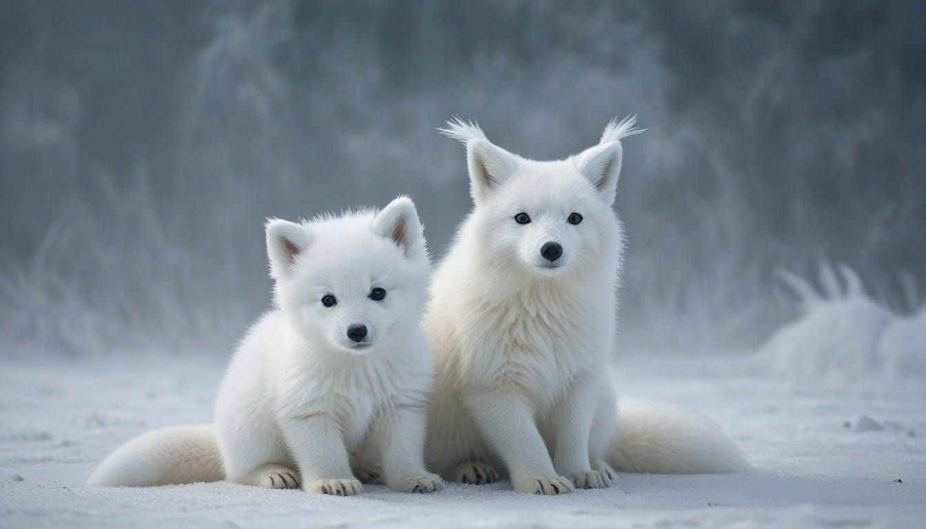 Arctic Background Polar Bear in Freezing Fog with Arctic Fox...