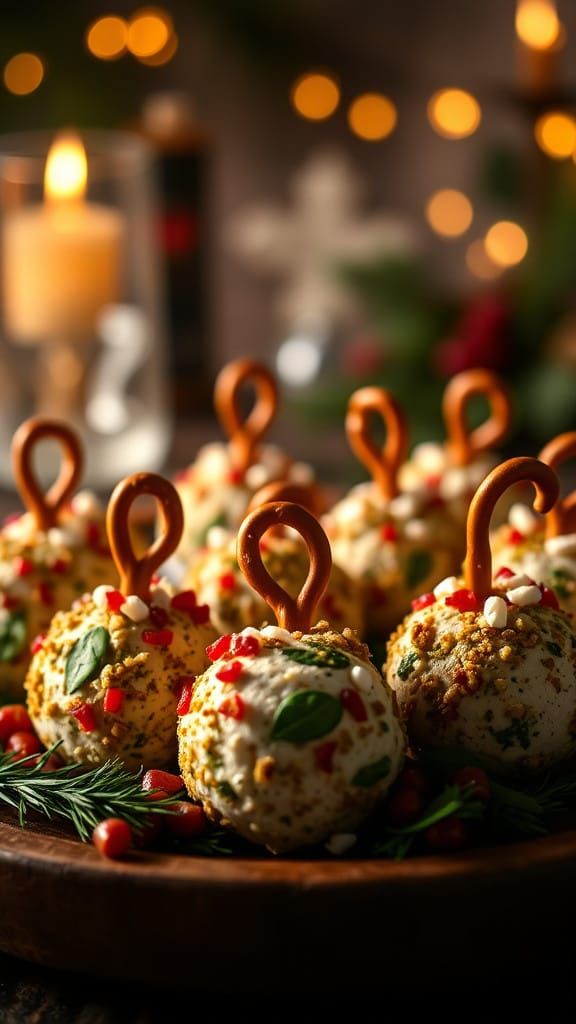 Vibrant Closeup of Pesto Cheese Balls in Festive Holiday Set...