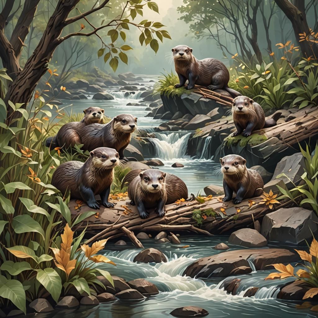 Otters Building a Dam: Hyperdetailed Concept Art