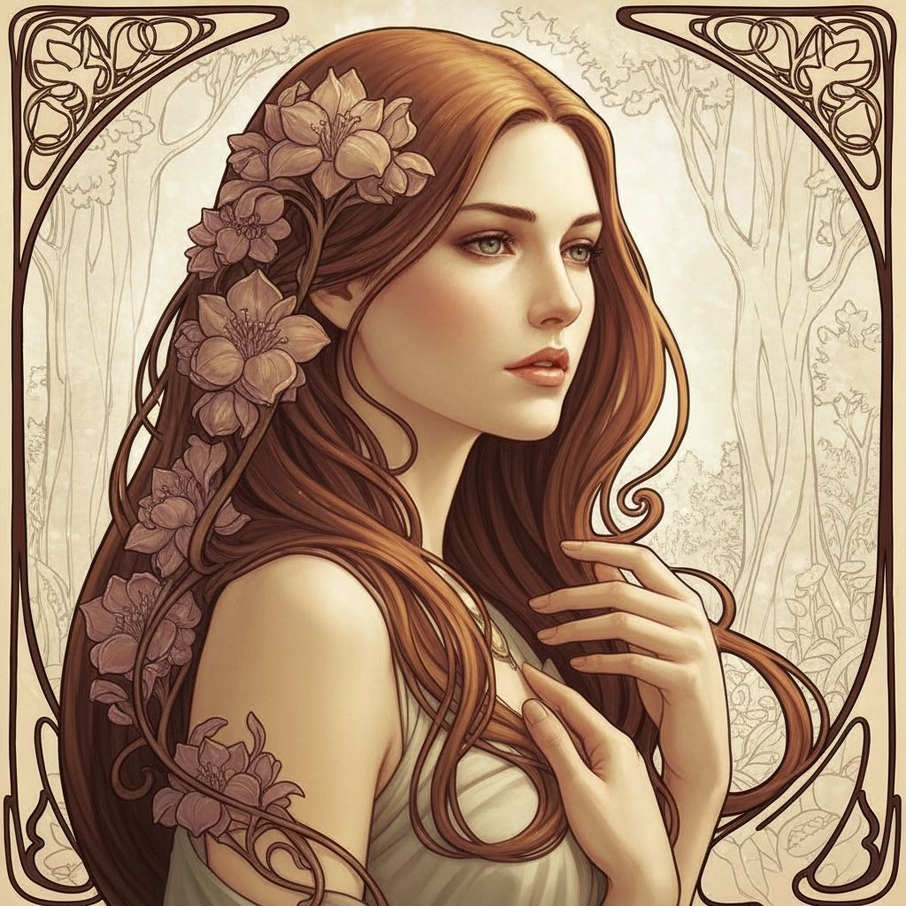 Druid Maiden in Enchanted Forest, Art Nouveau Style