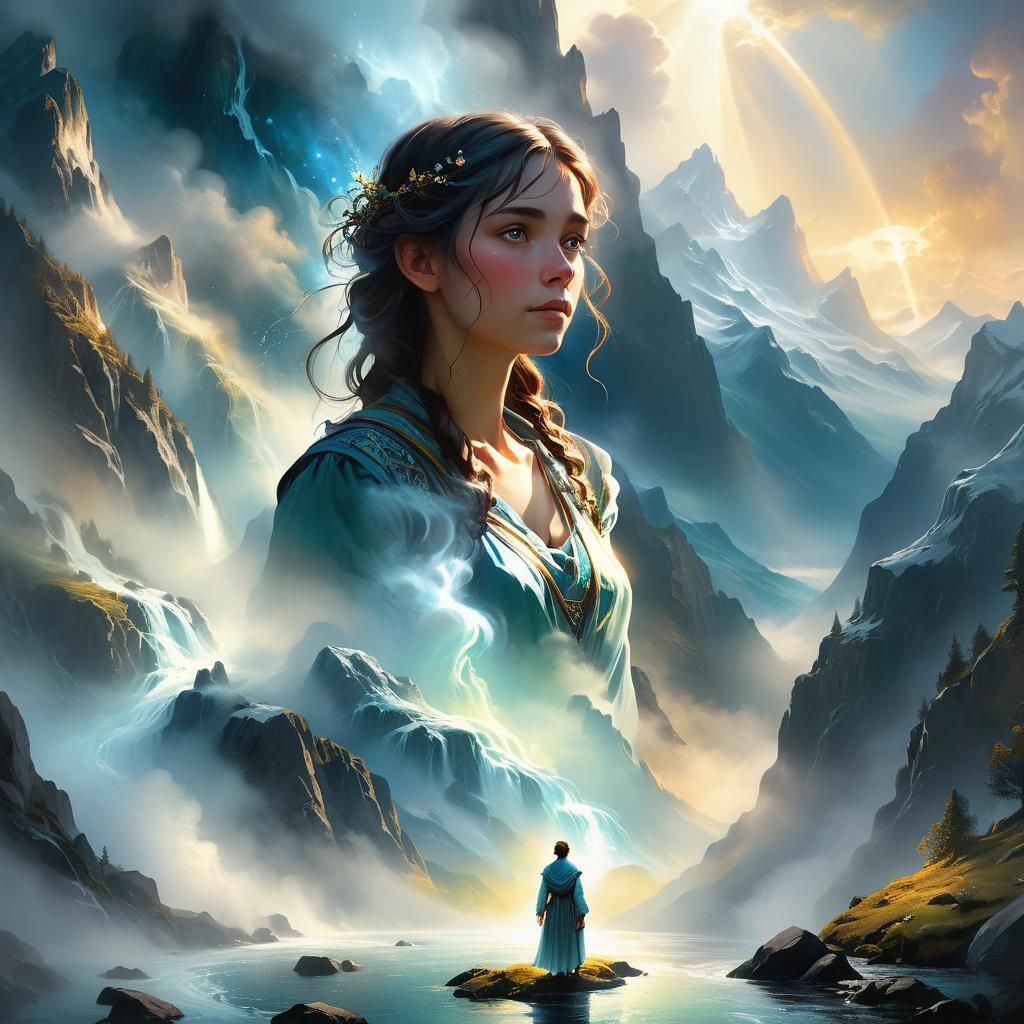 Surreal River Aura Mountainscape, Hyperrealistic Oil Paintin...