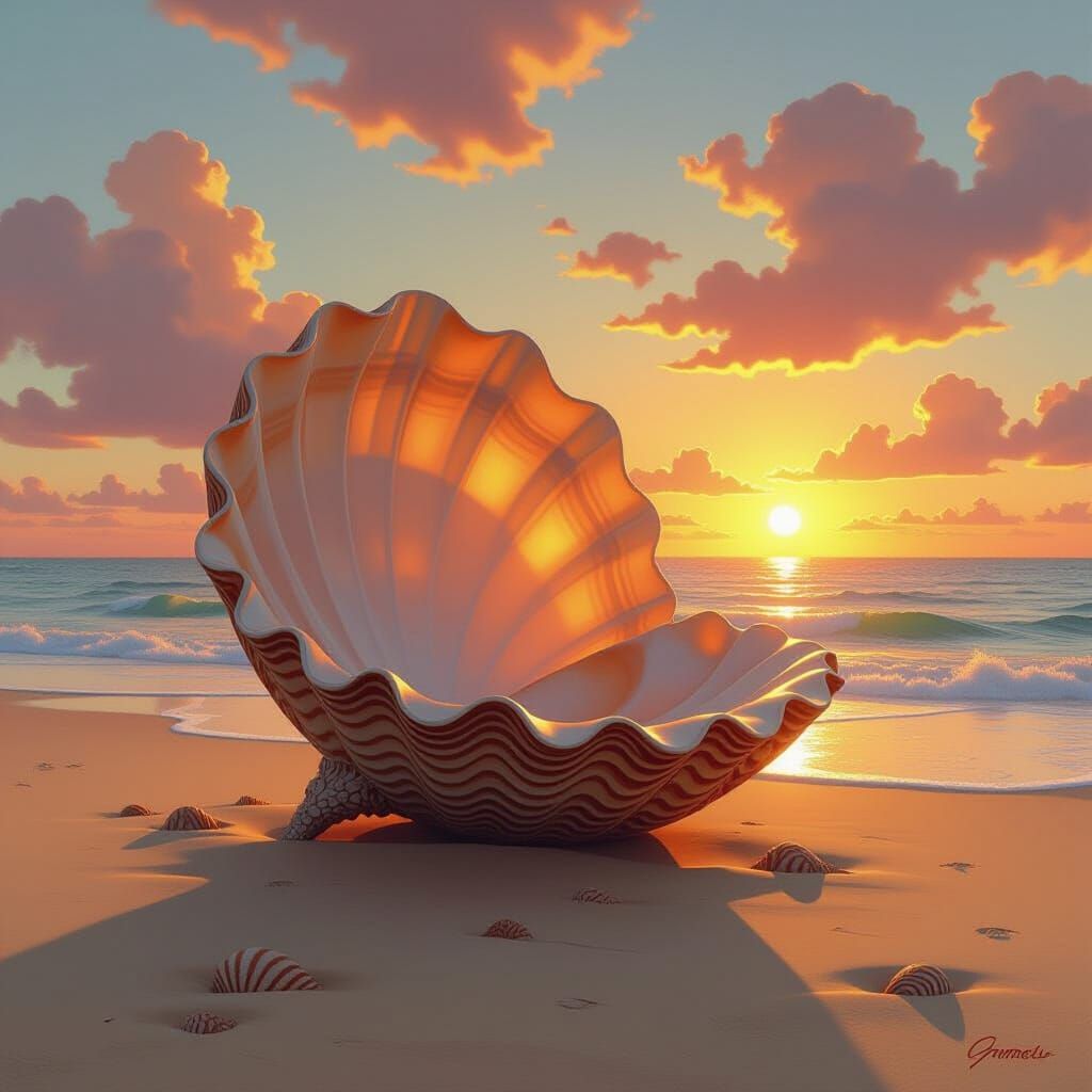 Gigantic Shell on Sandy Beach at Sunset