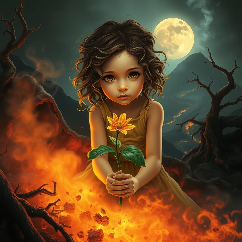 Hope Blooms in Volcanic Wasteland: Surrealist Image