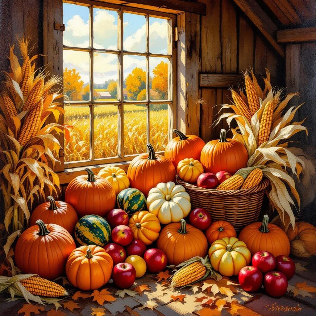 Bountiful Autumn Harvest Scene in Impasto Oil Style