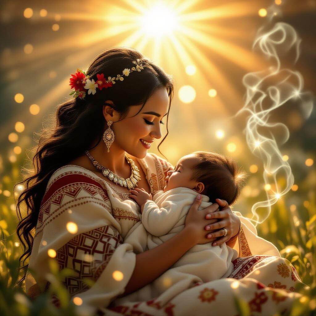 Maori Mother's Love in Radiant Golden Light