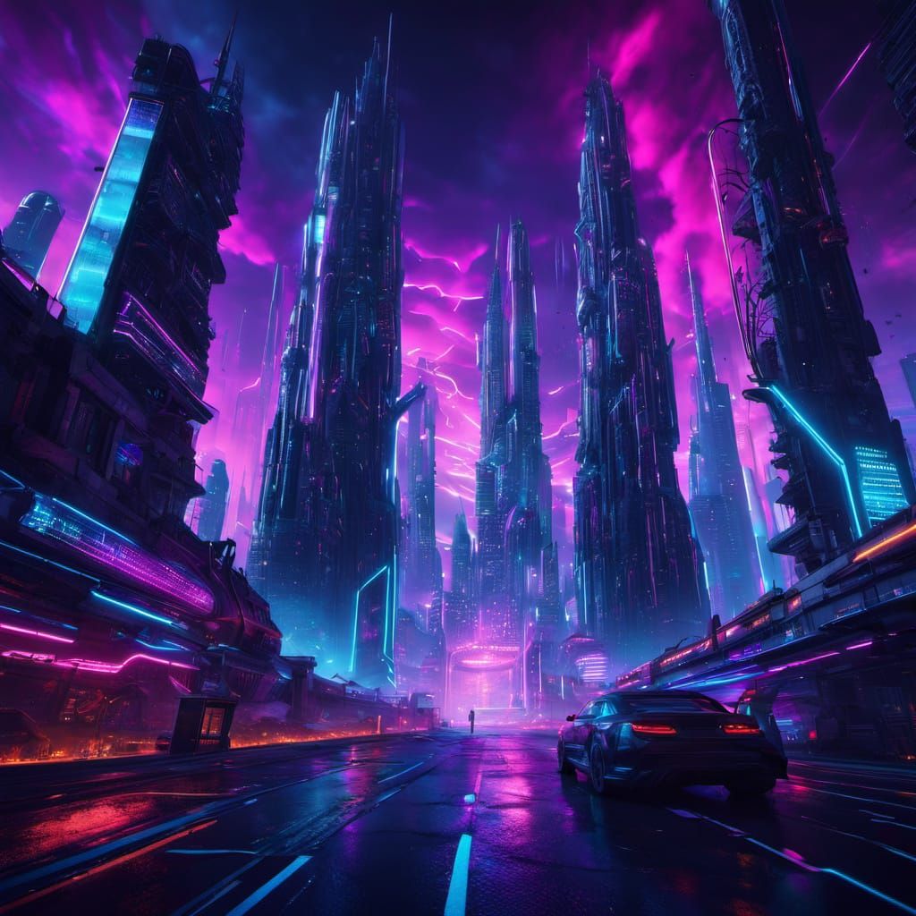 Surreal Cyberpunk Cityscape in Neon Colors