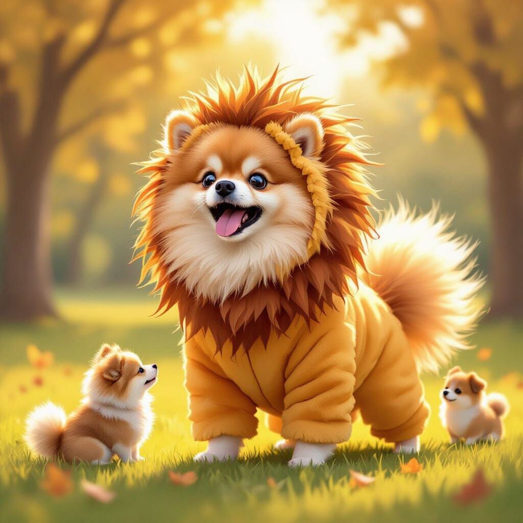 Pomeranian Dog in Lion Costume Roaring in Park