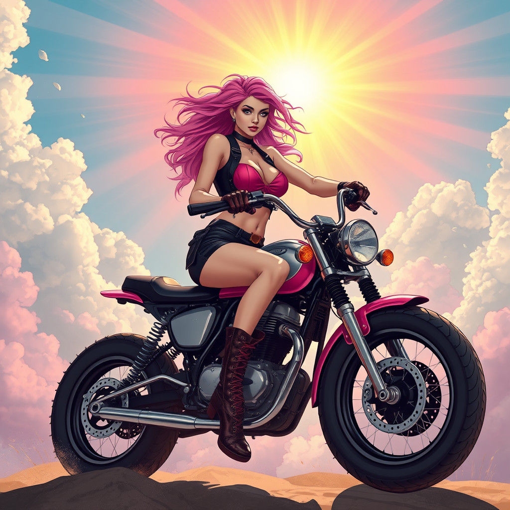 Biker Woman Riding into Sunshine, in Fantasy Art Style