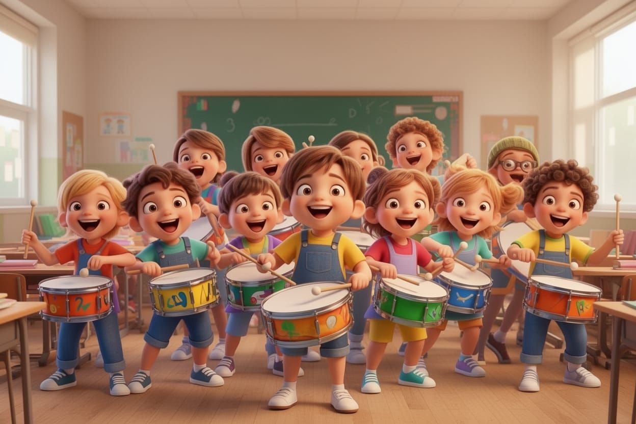 Twelve Preschoolers Play Drums in Pixar Style