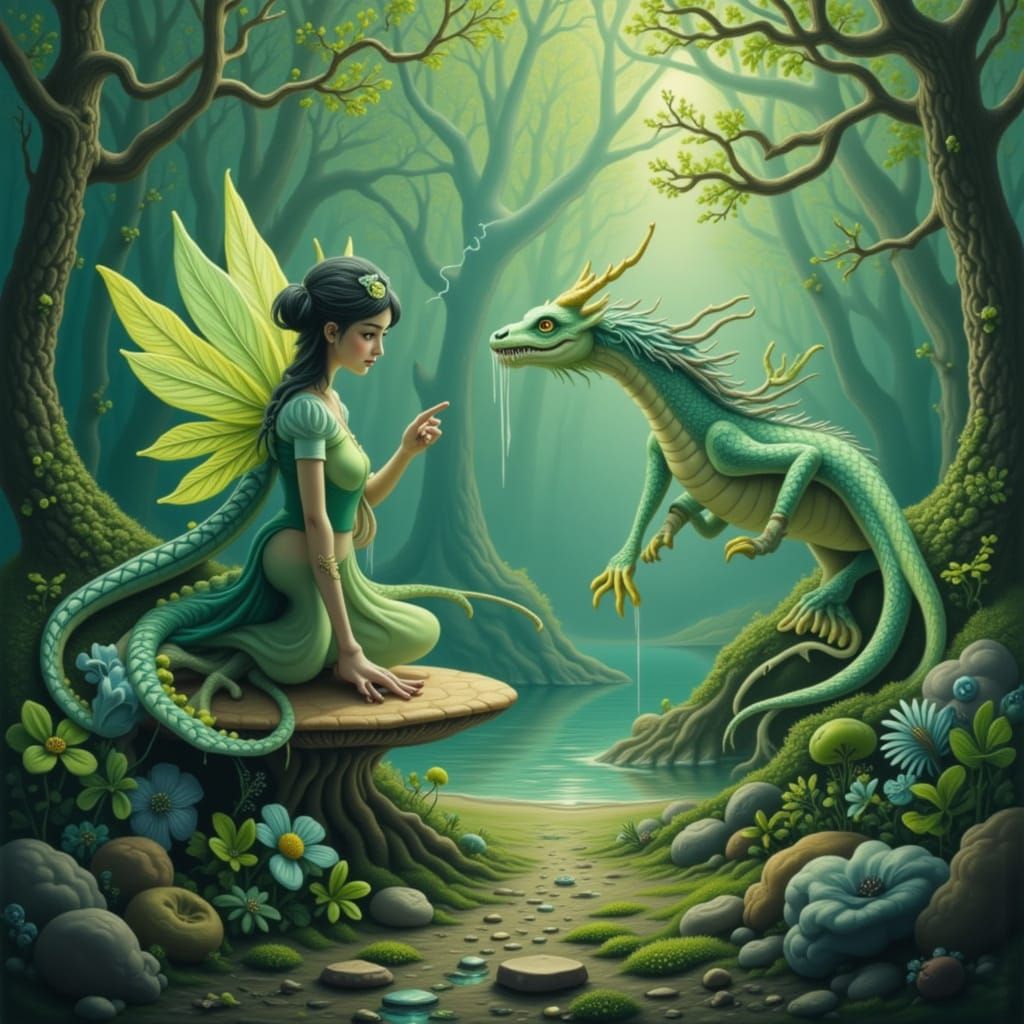 Fairy Feeds Jade Dragon on Giant Mushroom