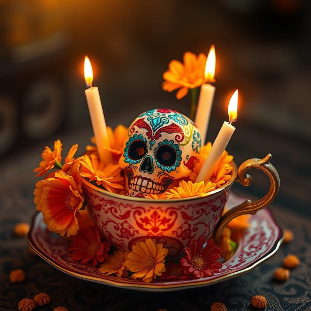 Miniature Dia De Muertos Ofrenda in Teacup
