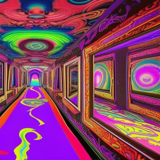 Funhouse penthouse with purple psychedelic Black light walls with psychedelic windows& psychedelic furniture& psychedeli...