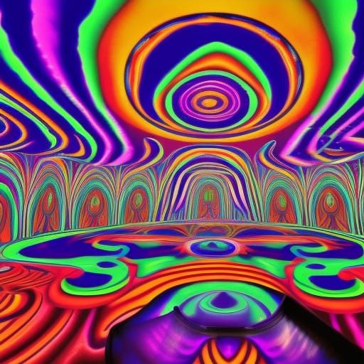Funhouse penthouse with purple psychedelic Black light walls with psychedelic windows& psychedelic furniture& psychedeli...