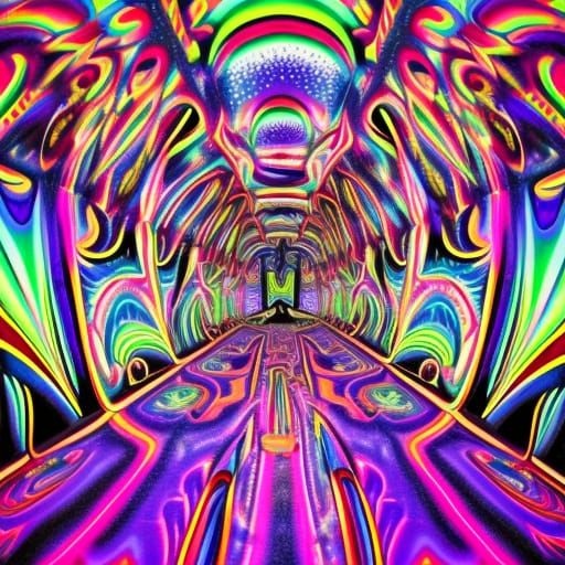 Funhouse penthouse with purple psychedelic Black light walls with psychedelic windows& psychedelic furniture& psychedeli...