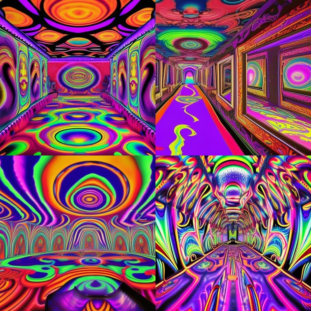 Funhouse penthouse with purple psychedelic Black light walls with psychedelic windows& psychedelic furniture& psychedeli...