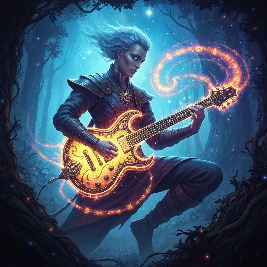 Ethereal Sorcerer Plays Arcane Guitar in Starlit Forest
