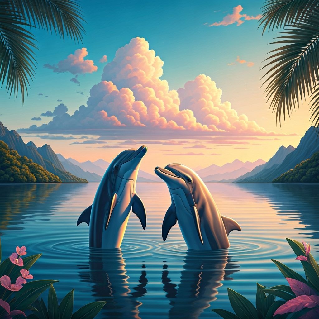 Romantic Dolphins in Pastel Sunset Lake