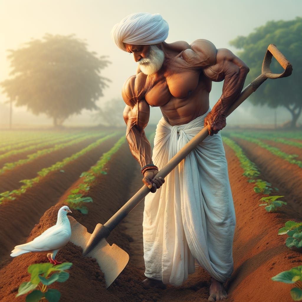 Elderly Indian Farmer Working at Sunrise