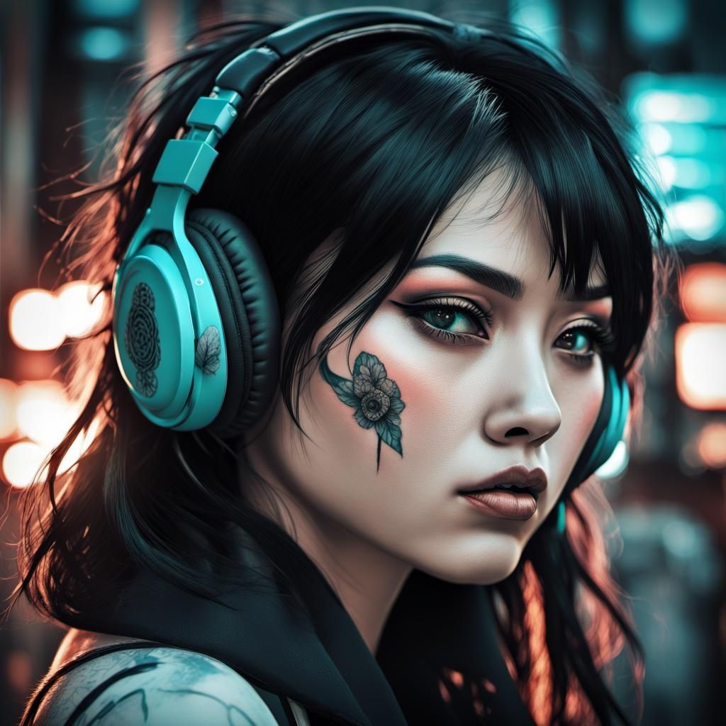 Gothic Japanese Woman in Monochromatic Steampunk Style