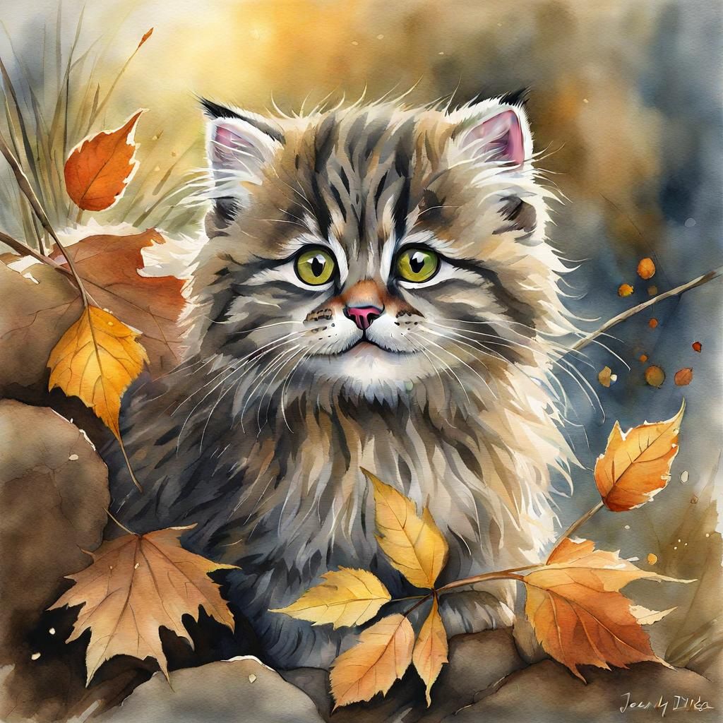 Playful Manul Kitten in Autumnal Watercolor Painting
