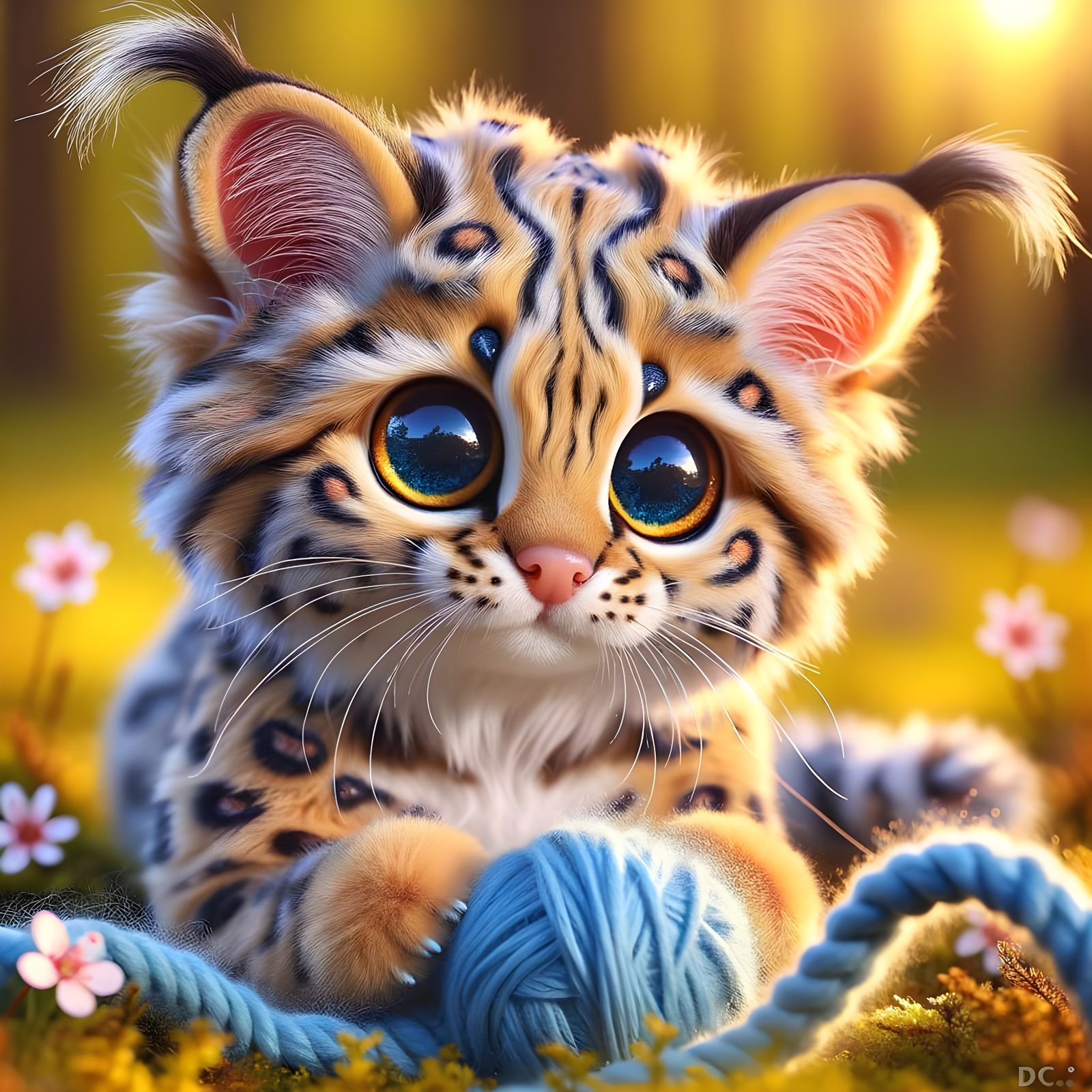 Fuzzy Bobcat-Leopard Kitten With Flower Patterns